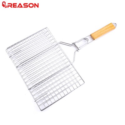 Non-Stick BBQ Basket Net With Folding Wood Handle For Grilling Steak Vegetable